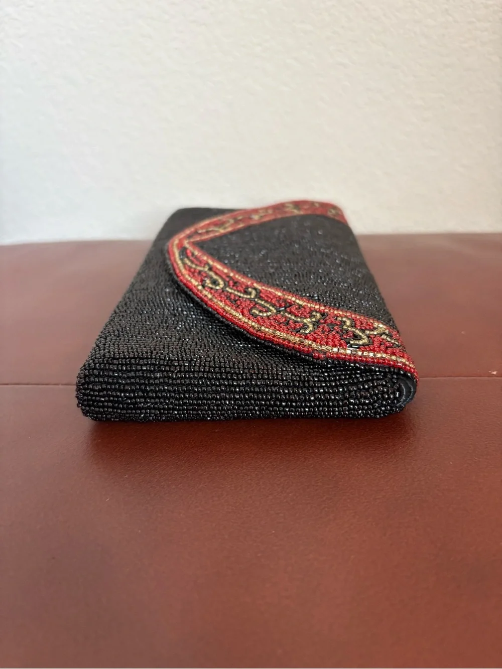 Beaded Black Evening Clutch with Red Embellished Trim